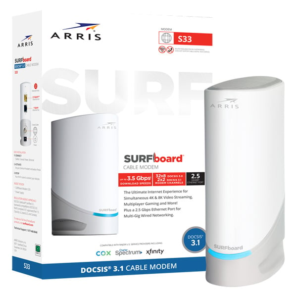 Spectrum & Others. ARRIS Surfboard S33 DOCSIS 3.1 Multi-Gigabit Cable Modem with 2.5 Gbps Ethernet Port Xfinity Renewed Approved for Cox 